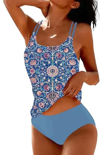 Tankinis Traje De Baño Mujer Dos Piezas Flores Impresión Swimwear Cosido Sujetador Acolchado Doble Volantes Triángulo De Copa con Tirantes De Espagueti