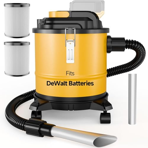 Cordless Ash Vacuum for Pellet Stoves, for DEWALT 20V Max Battery, Pellet Stove Vacuum Cleaner with 2 HEPA Filters, Powerful Suction, 4 Gallons & 4 Wheels, 38 Hose for Wood Fireplaces, BBQ Grills