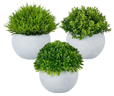 Relaxdays Set de 3 Plantas Artificiales, Flores Realistas, Maceteros, Suculentas de Plástico, Irreales, Verde/Gris