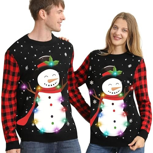 Kouric Jersey Navideño con Luces,Jerseys Navideños con Estampado de Muñeco de Nieve en la Nieve,Jersey Navidad Mujer/Hombre de Manga Larga a Cuadros Rojos y Negros,Ugly Christmas Sweater
