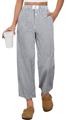 ANRABESS Womens Gingham Striped Pants, Palazzo & Cropped, Comfy & Cute, Lounge Pajama Plaid PJ Bottoms With Pockets Black White Stripe M