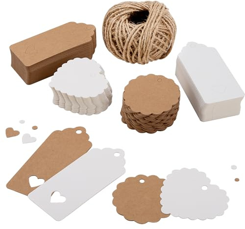 Étiquettes Papier Kraft 200 Pièces Étiquette Cadeaux Vierges avec Ficelle Jute Décoration Cadeau pour Mariage, Anniversaire, Saint-Valentin, Blanc Marron