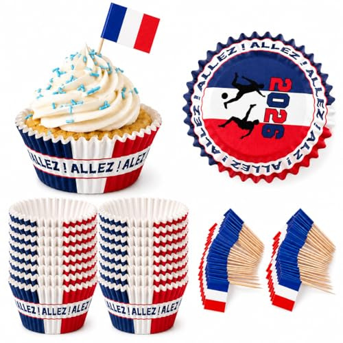 AURALIN Decorazione per cupcake, motivo calcio 2026 Francia, set da 200 pezzi con 100 stuzzicadenti con bandierine e 100 pirottini per muffin, decorazioni tricolore, per buffet, snack e dessert
