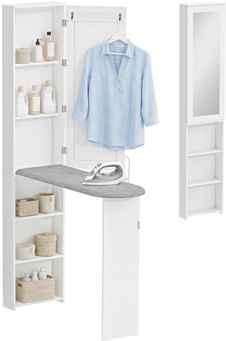 HOMCOM Table à repasser pliable peu encombrante avec miroir, meuble à repasser multifonction avec 6 compartiments, 2 crochets, pour buanderie, salle de bain, 107 x 35 x 174 cm, blanc