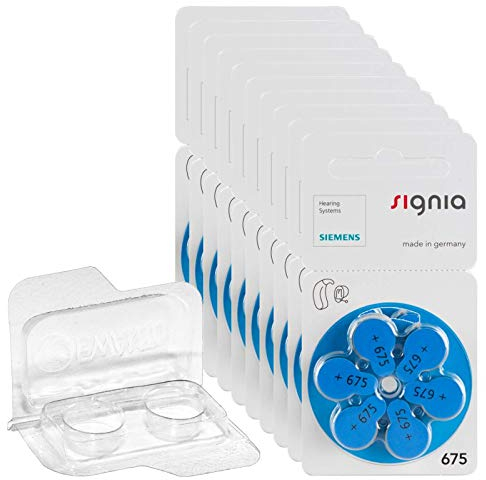 Signia Lot de 60 piles auditives Signia taille 675, 10 x 6 piles PR44 bleues 24600 + boîte de rangement EWANTO pour 2 piles (10, 13, 312, 675), boîte de rangement transparente pour piles boutons < Ø