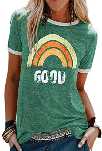 heekpek T-Shirt Femme Été Chemisier Chic Blouse Col Rond Tops Manches Courtes Grande Taille Coton Imprimé, Vert, M