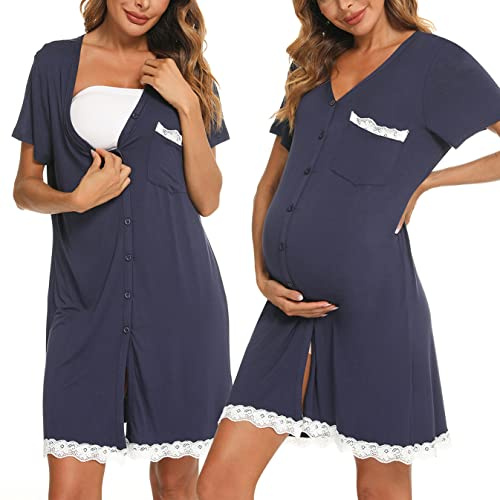 Uniexcosm Camicie da Notte Parto Cotone Camicia Notte Premaman con Scollo A V Manica Corta Aperto Anteriore Camicia da Notte Donne Gravidanza Blu Navy L