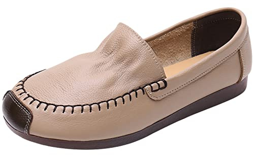 Jamron Mujer Piel Genuina Mocasines Anchos Bailarinas Suela Blanda Ligero Cómodo Zapatos para Caminar sin Cordones Camello EU38