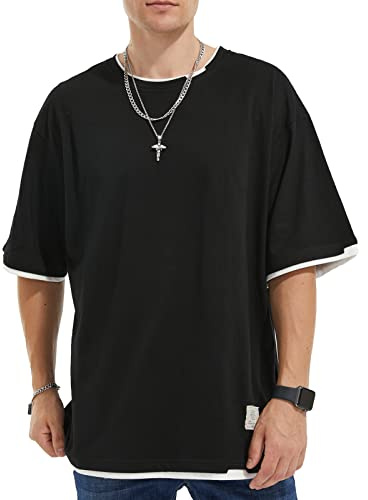 GIJOVANA T-Shirt pour Homme Coupe Large Chemise à Manches Courtes Contrast Tee Shirt Plusieurs Couleurs Disponibles(Noir,M)