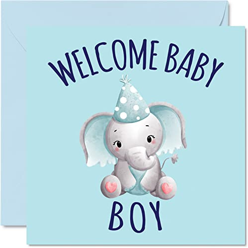 Stuff4 Carte de vœux pour nouveau-né éléphant – Welcome Baby Boy – Cartes de félicitations its a Baby Boy pour nouveau-né, Well Done Congrats New Baby, Welcome To The World Home, 145 mm x 145 mm