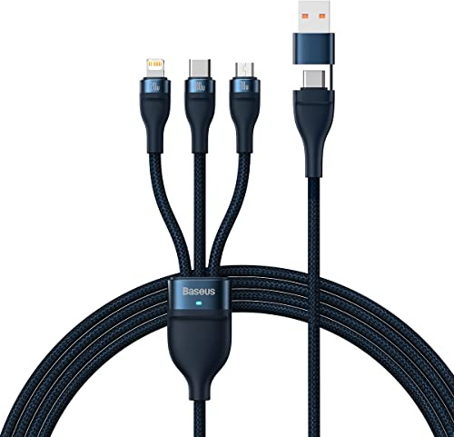 Baseus Universal Flash Series - Cable de datos de carga rápida 3 en 1 (USB-A a Micro + Lightning + tipo C) 100 W, 1,2 m, color azul (CAS