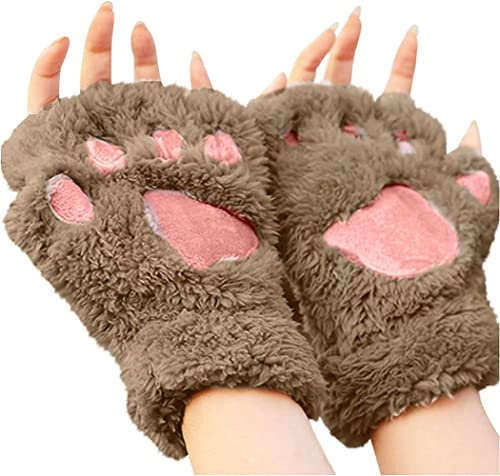 Denxahao Katzenpfote Handschuhe Kunstpelz Warm Katzen Handschuhe Winter Warme Halbfinger Fausthandschuh Outdoor Fingerless Gloves Fingerlose Handschuhe für Mädchen Frauen