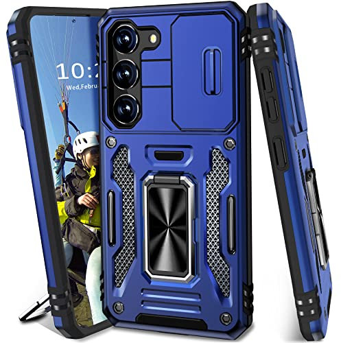 BaHaHoues for Samsung Galaxy S23 Case with Slide Camera Cover for Samsung S23 Case with 360° Rotatable Magnetic Kickstand Ring, Military Grade Shockproof Protective Case for Galaxy S23 5G (Blue)