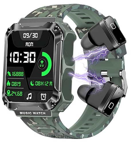 Hipipooo Smartwatch, Klocka, Klockor med Bluetooth-hörlurar, 1,96-tums HD-pekskärm aktivitetsspårarklocka, vattentät sport smartwatch med syresättning blodtryck träningsmonitor (kamouflagegrön)