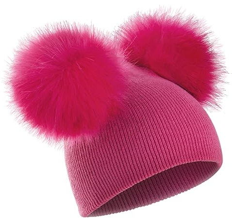 Cozylkx Cappello con Pompon Doppio in Pelliccia Sintetica per Bambini, Berretto Lavorato a Maglia, per Ragazze da 0 a 5 Anni