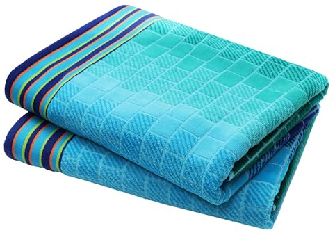 COTTON CRAFT Oversized Beach Towel - 2 Pack 35 x 70 Big & Huge Towel Set - 100% Cotton - Pool Picnic Bath Towel - Plush Terry Jacquard Velour 450 GSM Thick Super Soft Absorbent Luxury - Blue Tiles