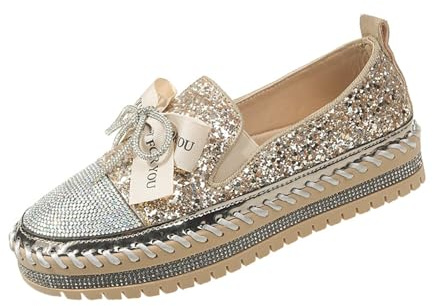 AMAZIDEAL Women's Rhinestones Glitter Bow Platform Loafers,Fashion Casual Slip-On Sequin Shiny Sneaker,Comfort Low Top Increase Height Walking Shoes (Gold,6.5)