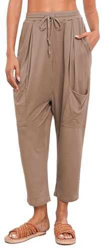 Famulily Pantaloni harem oversize da donna, con coulisse, elasticizzati, pantaloni corti casual con tasche, taglie S-XXL, Marrone, XXL