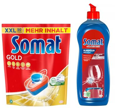 SOMAT Tabs 50 AW Gold, Geschirrspül Tabs für strahlend sauberes Geschirr auch bei niedrigen Temperaturen, Extra-Kraft gegen Eingetrocknetes + Somat Duo Power Experten Klarspüler 750ml