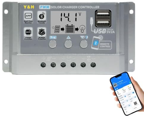 Y&H Solar Laderegler 30A PWM 12V 24V Solarpanel Batterieladeregler mit LCD Display, APP Kommunikation, Dual USB, Batterie 0V Start, Ladespannung einstellbar, geeignet für Blei-Säure/Lithium
