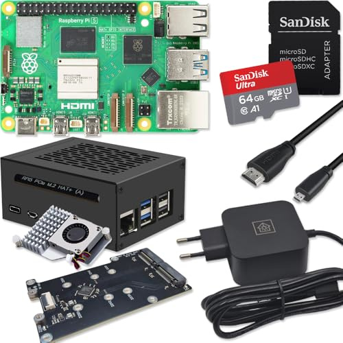Raspberry Pi 5 8GB PCIe M.2 Dual NVMe - Kit | Metallgehäuse | Active Cooler | Dual M.2 NVMe SSD PCIe Board | USB-C 45W Netzteil | Ultra 64GB SD Karte | 4K Micro HDMI Kabel