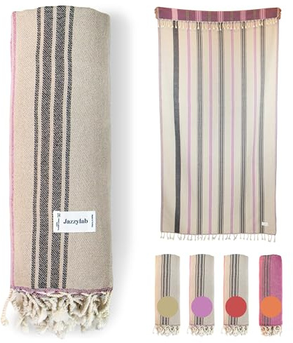 jazzylab AREN-Aurora Toalla Hammam | Pestemal Turco 100% algodón | Jacquard Artesanal | Ligera, versátil y de Secado rápido | Diseño Oriental con Flecos anudados | Aurora-Morado, 100x200 cm