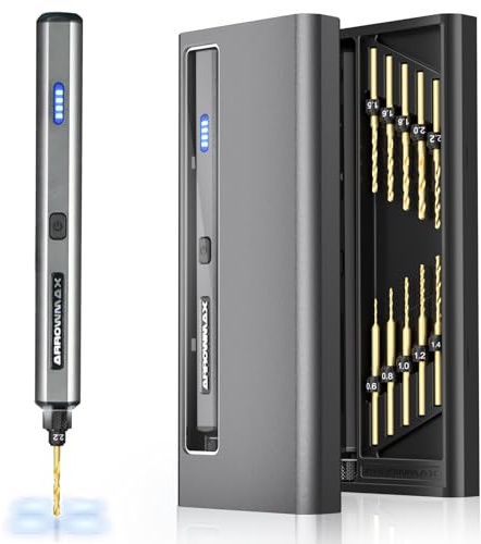 ARROWMAX Mini-Bohrstift, 13-in-1 mit Aluminiumgehäuse, wiederaufladbar, 800 U/min, Handbohrer-Set, 10 HSS-Bits, DIY, Holz, Schmuckherstellung (SDS MINI)