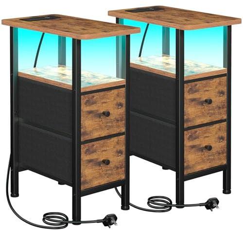 LOAKEKEL Slim Bedside Table Set of 2, Narrow Side Table with Charging Station, Sofa Table with LED Lights, End Table with 2 Fabric Drawers, Nightstand for Small Spaces, Bedroom, Brown UHETNDP02LBR