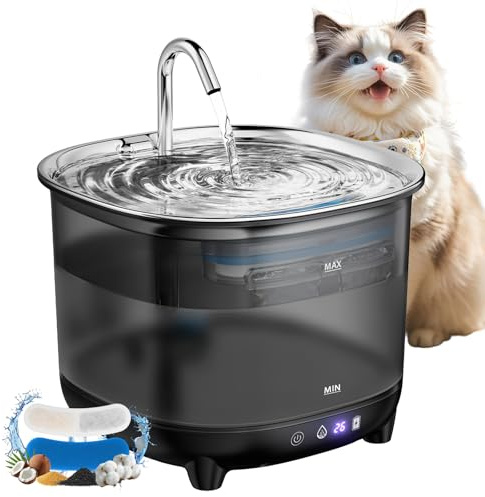 3.2LFuente para Gatos sin Cable,Bebedero GatosBebedero automatico Fuente para Acero Inoxidable-con Sensor de Movimiento 5000mAh Capacidad Batería-Indicador del nivel de carga Funcionamiento Silencioso