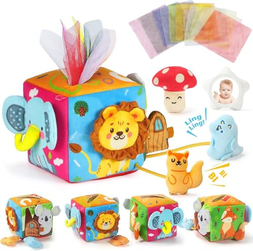 URMYWO Baby Toys 6 to12 Months with 4 Animal Rattle Toys,Baby Mirror,Crinkle Paper,Squeaker,Tissue Box Toys Gifts for Toddlers 0-3 Years Old Yellow
