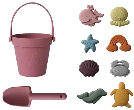 Dynaeuty 10Pcs Silicone Beach Toys for Toddlers 1-3, Travel Sand Toys Set for Kids, Collapsible Bucket & Shovel with Sand Molds, Quick-Dry Bath Toys, Summer Beach Essentials for Baby Girls Boys(Pink)