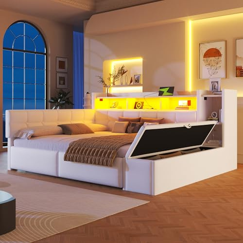 @Moflan Lin Cama de día, sofá cama, 140 × 190 cm, con dos cajones, conectores USB y tipo C, compartimento de almacenamiento, banco de almacenamiento en los extremos de los pies, barra de luz LED, sin