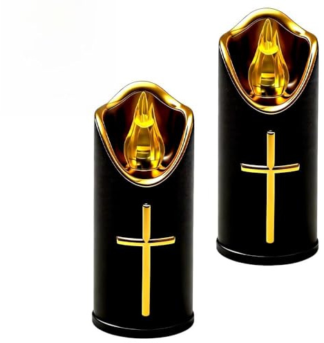 SGZIOO 2 velas LED para tumbas al aire libre, velas LED para tumbas a pilas, velas de cementerio sin llama con efecto parpadeante realista para decoración de cementerio, Santa Cruz, color negro