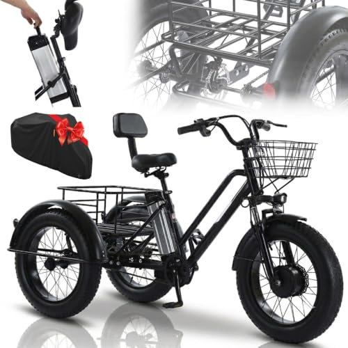 WuXQuuzlh Tricycle éLectrique pour Adulte, Tricycle à 3 Roues en Acier Carbone, Paniers De Rangement Avant Et ArrièRe, Pneus Larges 20 Pouces pour Trajets Quotidiens et Courses