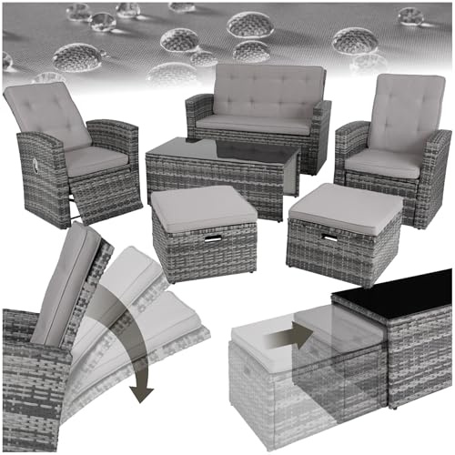 tectake® Set Salotto da Giardino Esterno in Rattan Bari, Telaio in Alluminio, Divano da Esterno e Poltrone da Giardino Regolabili, Imbottiture Idrorepellenti, Tavolo da Giardino con Vetro - Grigio