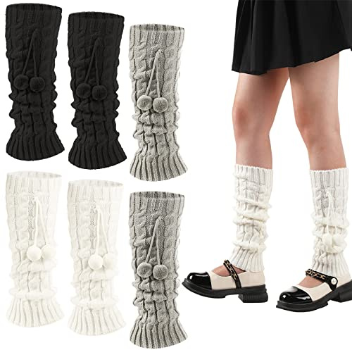 Eurzom 3 Pairs Kawaii Winter Knitted Japanese Style Leg Warmers Knee High Loose Socks Y2k Harajuku Leg Warmers for Girls(White, Gray, Black)