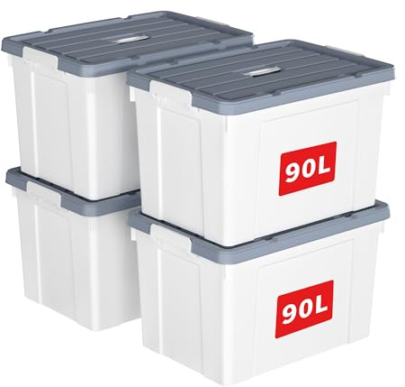 Cetomo 90L*4 Caja de Almacenamiento con Asa, Caja de Plástico con Tapa y Cierre Seguro, Contenedor de Almacenamiento Grande, Duradera, Apilable, Resistentes, Blanco, Paquete de 4 de 90L