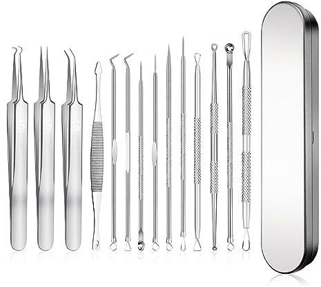 SWTYExt 14 Stücke Pickelentferner Blackhead Remover Pickel Ausdrücken Werkzeug Mitesserentferner Komedonenquetscher Mitesser Entferner Set mit Box aus Edelstahl für Gesichtsfehler Frauen & Männer