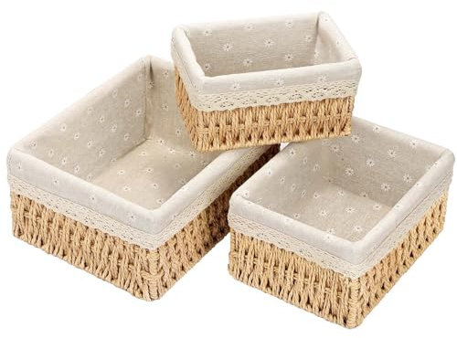 PALUDO Set of 3 Storage Baskets, 3 Sizes Wicker Bathroom Basket, Small Natural Paper Rope Changing Basket, Woven Hamper Baskets for Shelves, Cosmetics, Makeup, Toys, Table Organiser