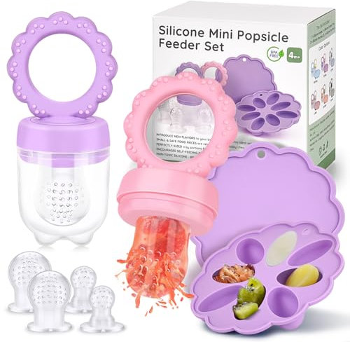 JONRRYIN Fruchtsauger Baby, Obstschnuller für Babys, Baby Food Feeder mit Babynahrungs-Aufbewahrungsbehälter und 6 Silikon Sauger in 3 Größen für Kleinkinder von 3 bis 24 Monaten, BPA-frei