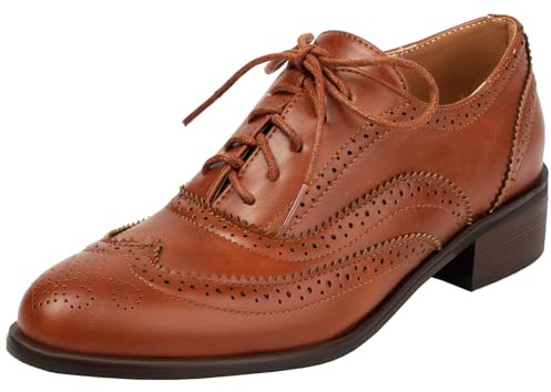Women Brogue Oxford Multicolor Shoes Low Heel Lace Up Court Shoes Chunky Vintage Wingtip Leather Round Toe Fashion Office Dress Pumps(Dark Brown,UK Size 9)