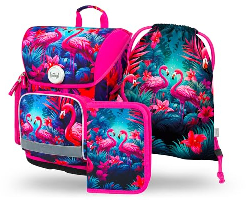 Baagl Schulranzen Jungen Mädchen Set 3 Teilig, Ergo Schultasche für 1. Klasse, Ergonomische Grundschule Ranzen Tornister mit Brustgurt (Flamingos)