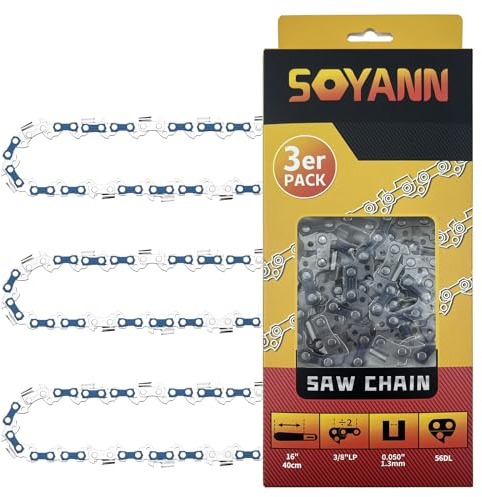 3 Pack Chainsaw Chains 16Inch (40cm), 56 Drive Links, 0,050 (1,3mm) Gauge, 3/8 Pitch, Replacement Saw Chain, Low-Kickback Chains Compatible with Dolmar, Stihl, Einhell, Bosch etc.