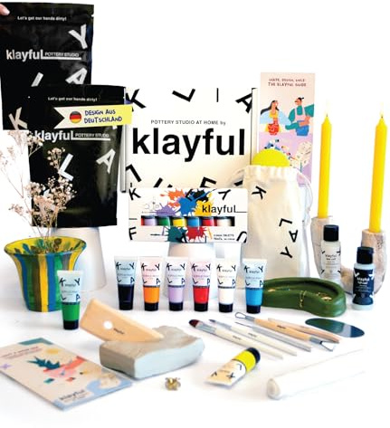 KLAYFUL Kit de Arcilla de Secado al Aire para Principiantes | Pinturas Clásicas Alta Cobertura | Herramientas, Pinceles, Barniz y Guía | Kit Cerámica Manualidades Adultos | Regalo DIY