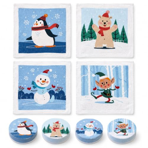 MIJOMA Set di 4 panni magici, magici, asciugamano magico, per bambini, pensierino Tombola, 100% cotone, si sviluppa in acqua calda (amici di Natale)