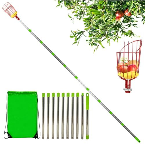 Recogedor de frutas con cesta – Barra telescópica de acero inoxidable con cesta | Recogedor de frutas portátil, inoxidable, extraíble, ligero, para ciruelas, peras, limones, albaricoques