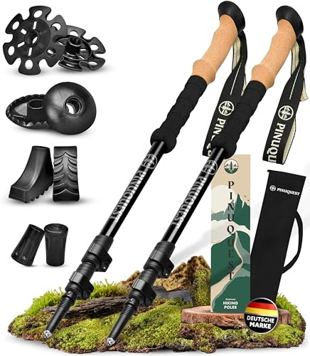 Pinuquest Wanderstöcke Teleskop Aluminium/Carbon - Für 95-200 cm Körpergröße, Trekkingstöcke mit ergonomischem Kork Griff & 4 Aufsätzen für jedes Gelände, Nordic Walking Stöcke (Aluminium - Schwarz)