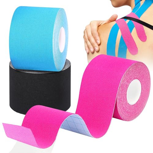 Kinesiologie Tape Sport (3 rotoli da 5 m), nastro elastico sportivo in cotone, autoadesivo per muscoli e articolazioni, larghezza 5 cm (blu, nero e rosa)