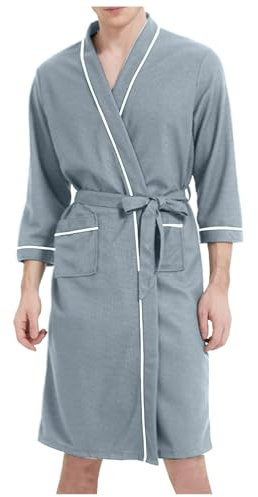 WAZHAKU Men's Lightweight Cotton Dressing Gown Long Sleeves Travel Bathrobe Kimono Sauna Gown Man Leisure Loungewear with Pockets and Belt House Coat Long Dressing Gown Bathrobe, X Grey, 3XL