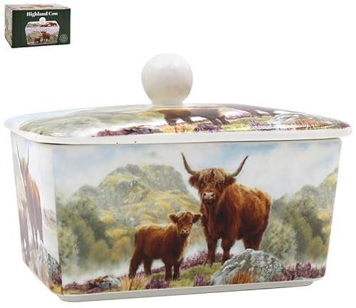 The Leonardo Collection Highland Cow Butter Dish by Macneil Studios | Decorative Porcelain Butter Keeper with Lid | Country Farmhouse Style | Hand-Illustrated Highland Cattle Design